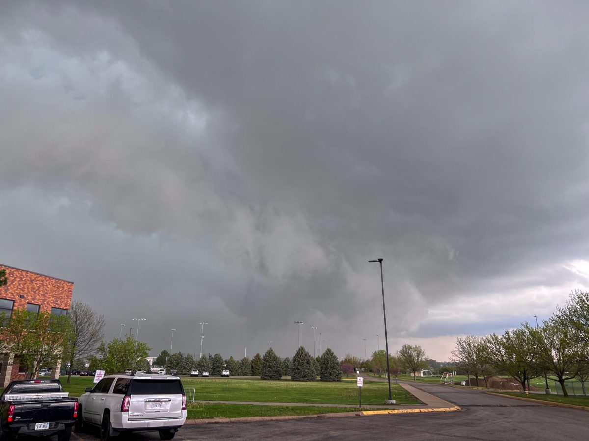 Strom clouds containing a tornado move northeast of EHS, April 26th, 2024. 