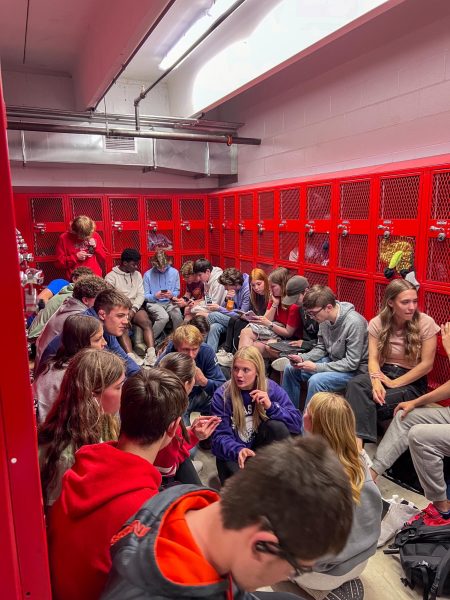 Students take shelter in the locker room during the spring tornado, April 26, 2024.