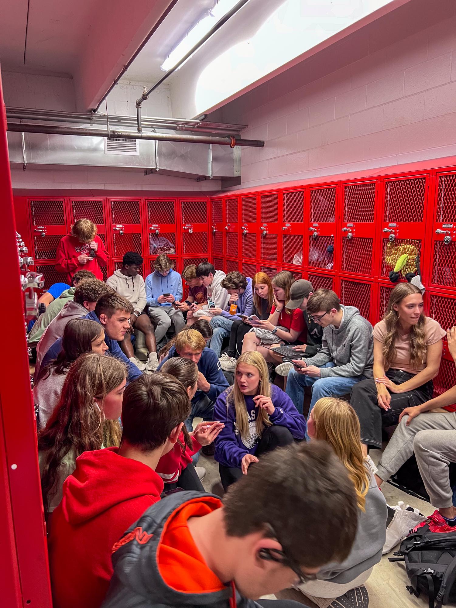 Students take shelter in the locker room during the spring tornado, April 26, 2024.