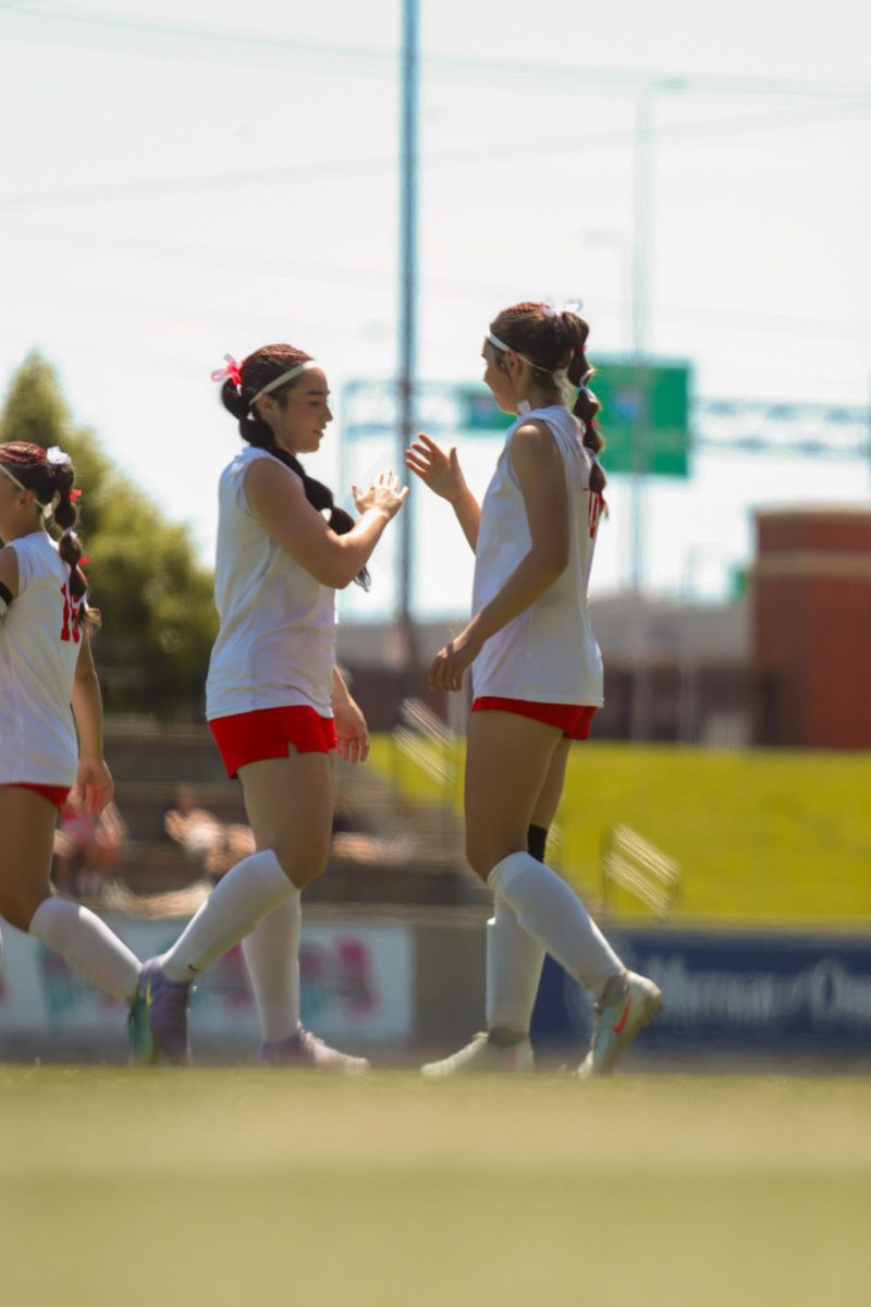 Sophomore Lulu Lary high-fives teammate, sophomore Molly Flynn. The Antlers lost at state 6-2 to Gretna East.