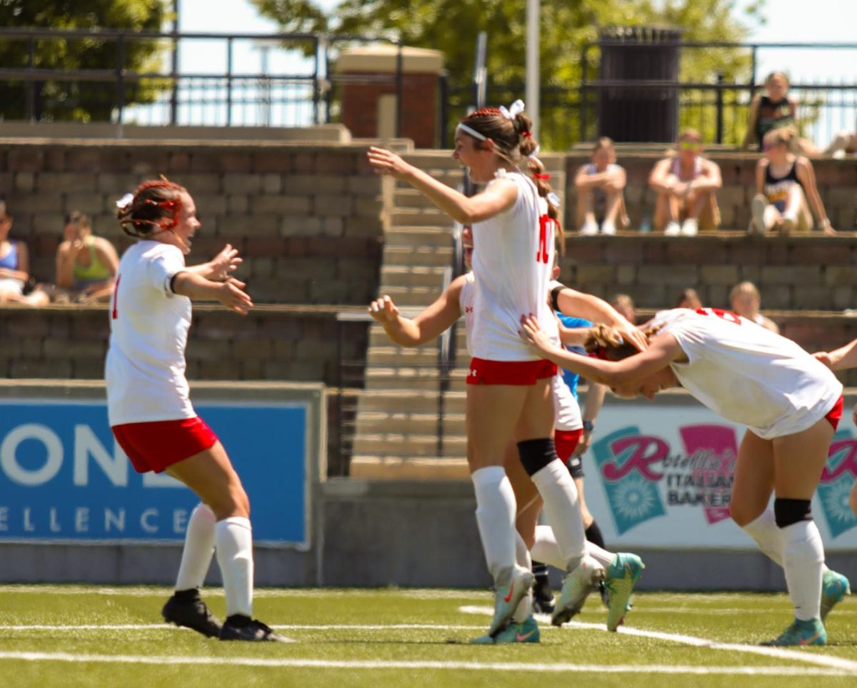 Antler soccer players celebrate during the state soccer match. The Antlers lost at state 6-2 to Gretna East.