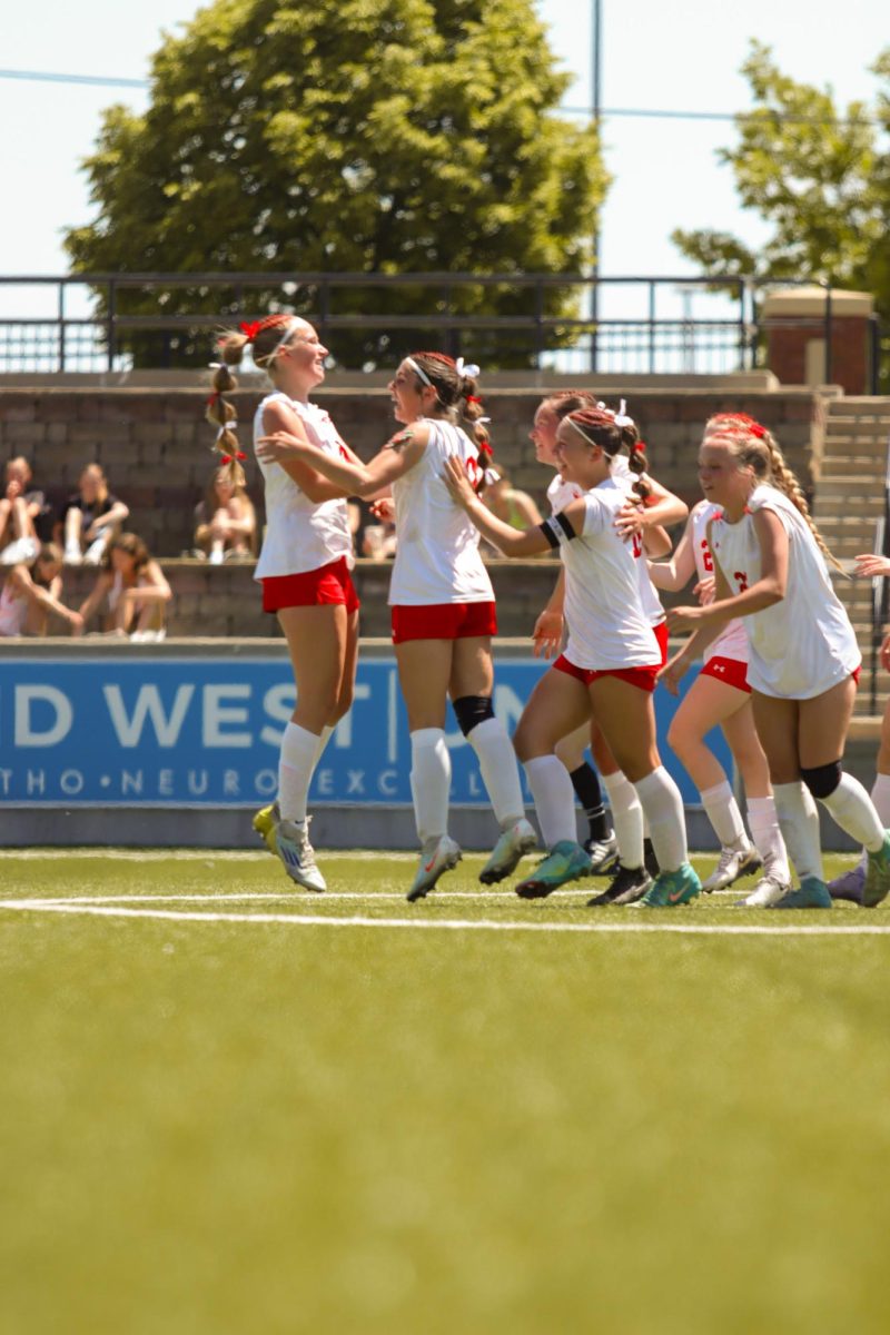 Sophomore Lily Larka celebrates with her team after the Antlers score a goal. The Antlers lost at state 6-2 to Gretna East.
