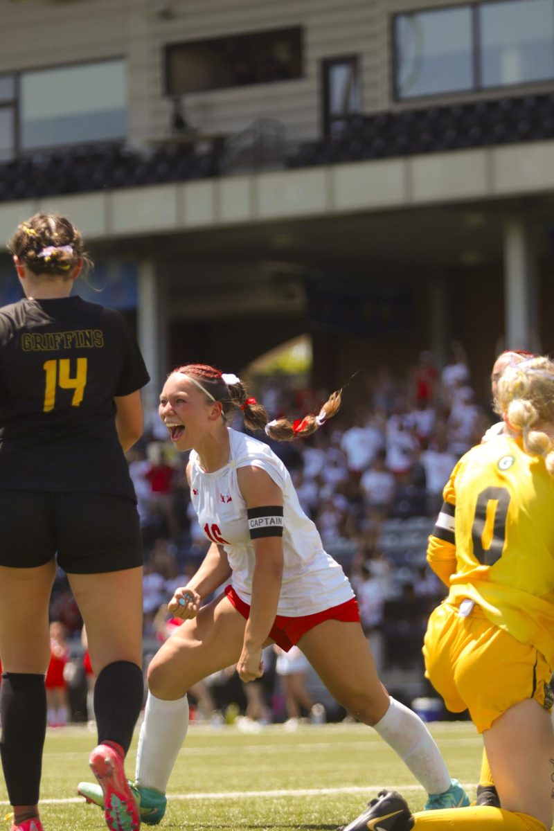 Senior Adriana Pagan celebrates after scoring her second goal of the game. The Antlers lost at state 6-2 to Gretna East.