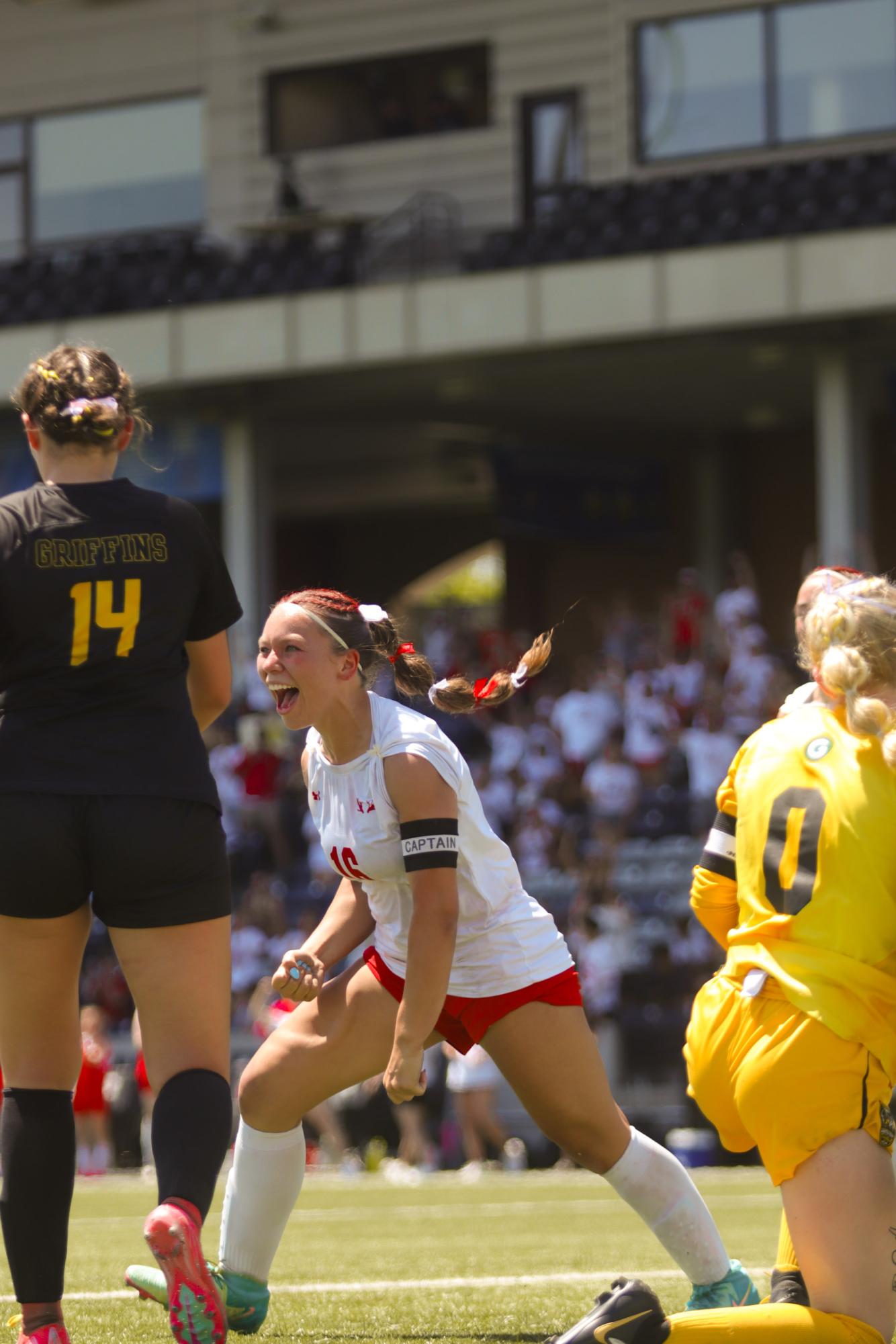 Senior Adriana Pagan celebrates after scoring her second goal of the game. The Antlers lost at state 6-2 to Gretna East.