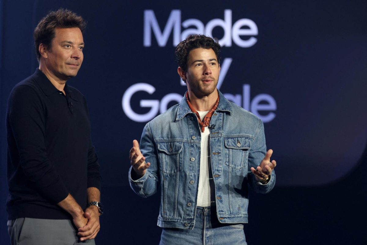 Nick Jonas and host Jimmy Fallon speak during the 'Made by Google' event, organised to introduce the latest additions to Google's Pixel portfolio of devices, in Brooklyn, New York, U.S., August 20, 2025.  REUTERS/Brendan McDermid