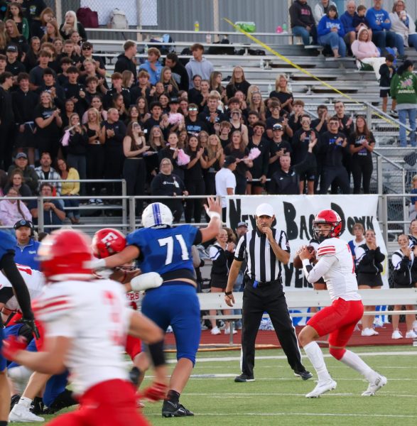 Quarterback Baron Clevenger prepares to pass to senior Camden Carle during the Sept. 5th game at Plattsmouth. The Antlers lost 28-19.