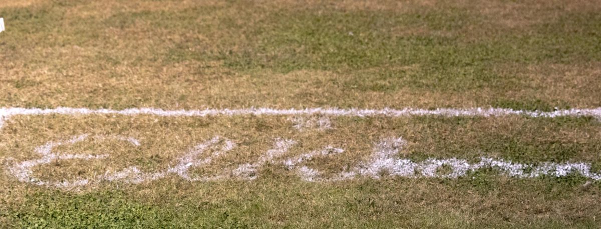 Elkhorn Highschool's starting box painted on the grass at the start line of the Tiger Twilight meet in Fremont.