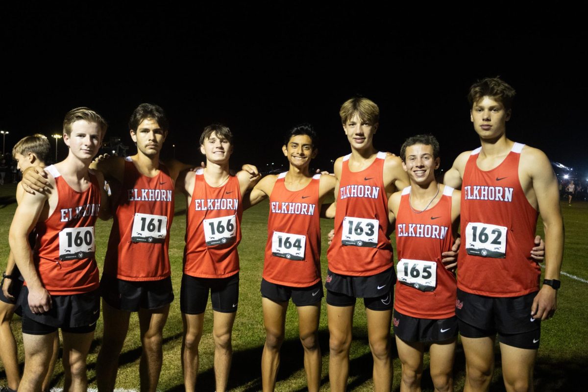 The boys varsity team at the starting line of the Tiger Twilight in Fremont. The varsity would finish 7th overall at the meet with several runners breaking a sub 17-minute 5k.
