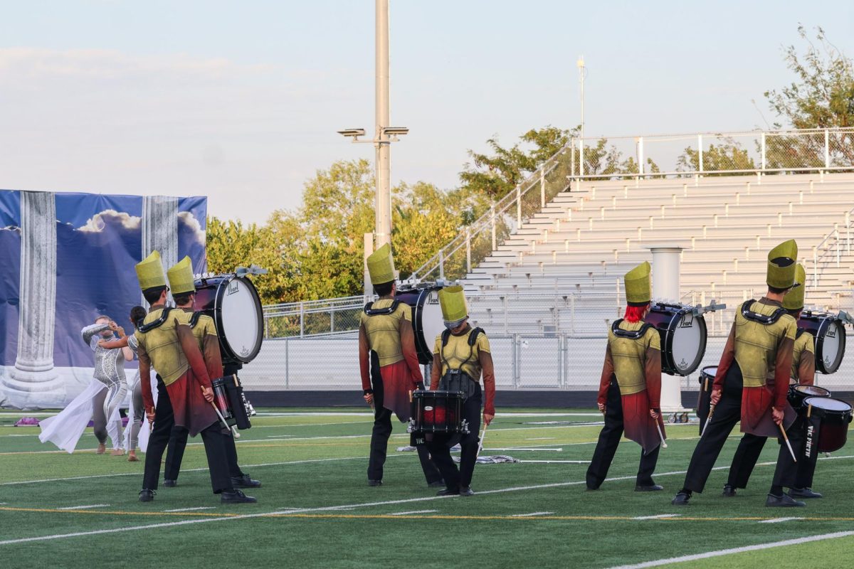 Drumline is set up ready to play the beginning of the show. Elkhorn marching band performed on Oct. 11th, 2025.