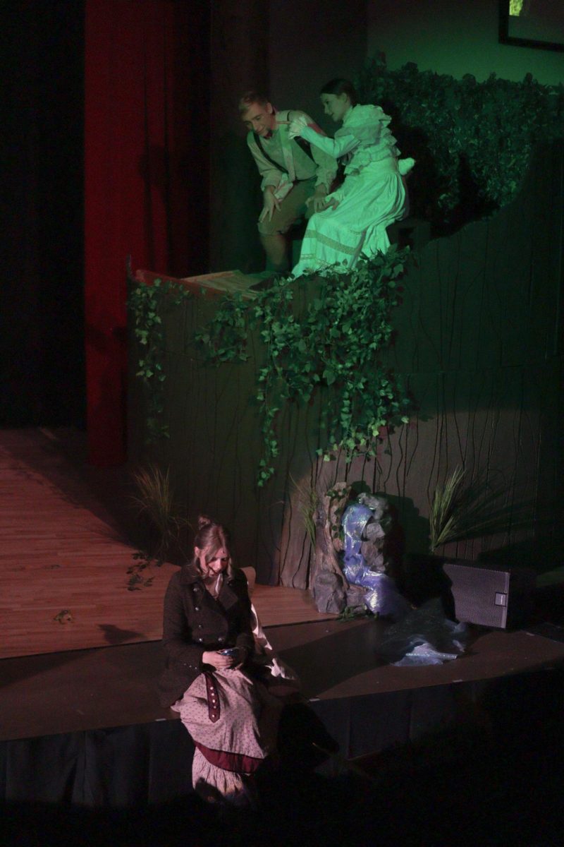 Nola Cowles and Gage Petrick spy on Rylee Loonjer from a tree as her character Mae listens to a music box in "Tuck Everlasting."