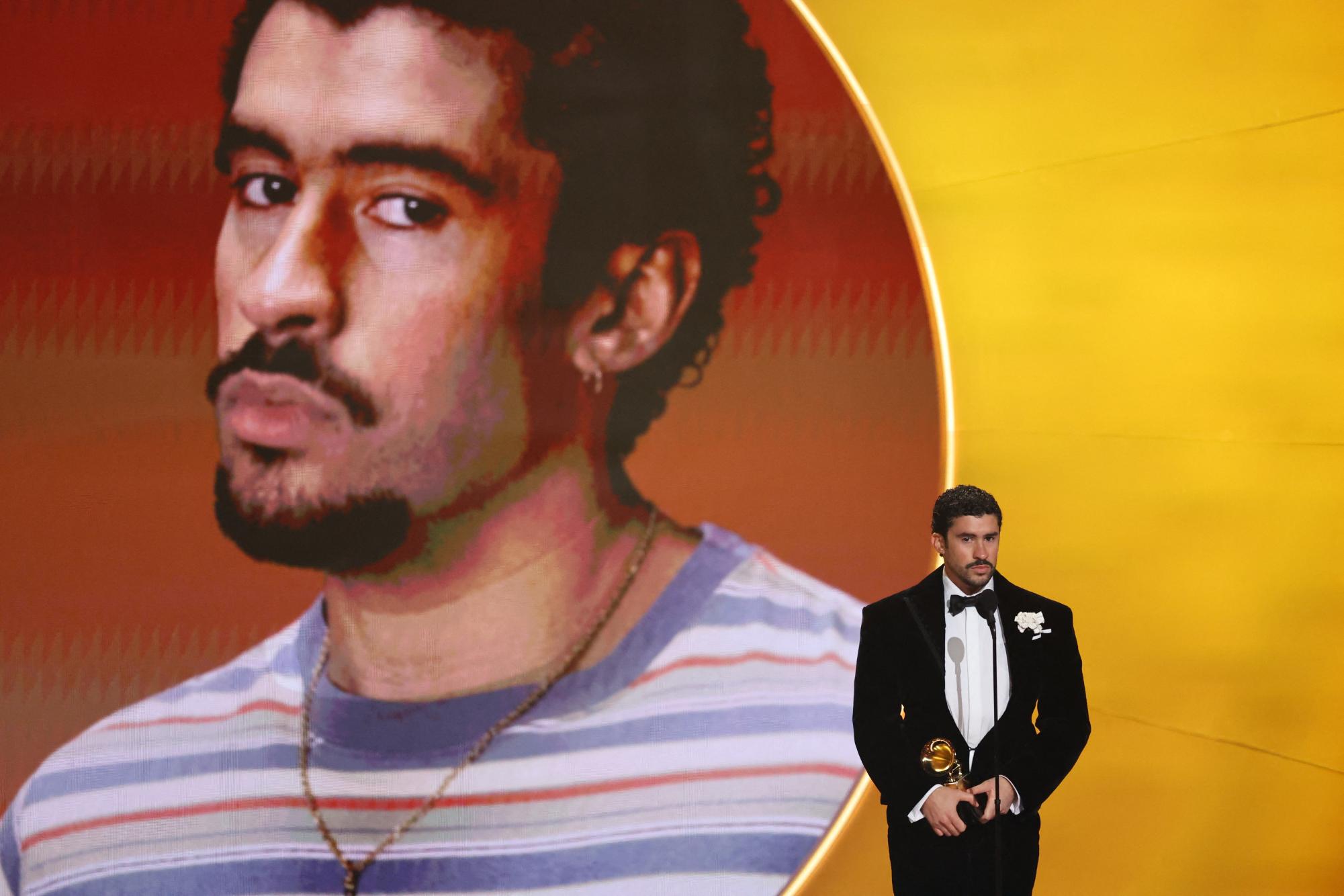 Bad Bunny accepts the award for Album of the Year for "Debi Tirar Mas Fotos" during the 68th Annual Grammy Awards in Los Angeles, California, U.S., February 1, 2026. REUTERS/Daniel Cole