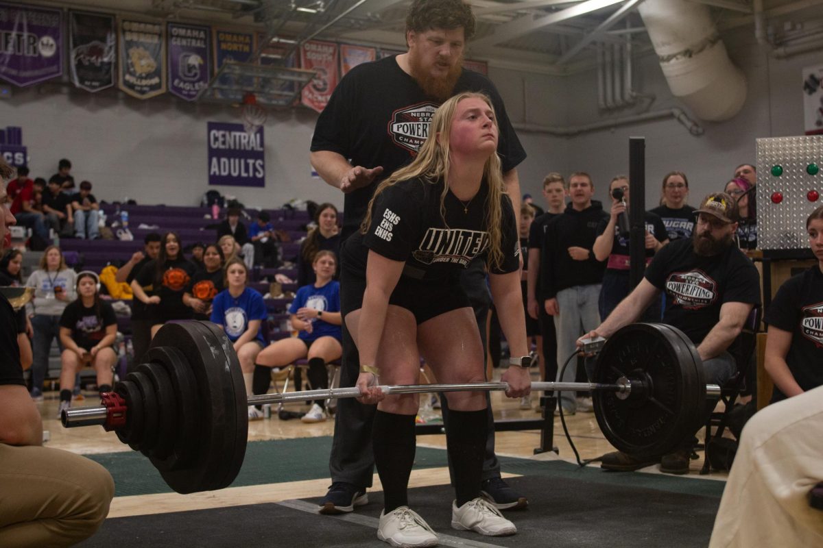 Dakota Courtwright, a junior at Elkhorn North, pictured mid-way through her later completed state record deadlift of 400 pounds, at State Powerlifting on February 21, 2026.