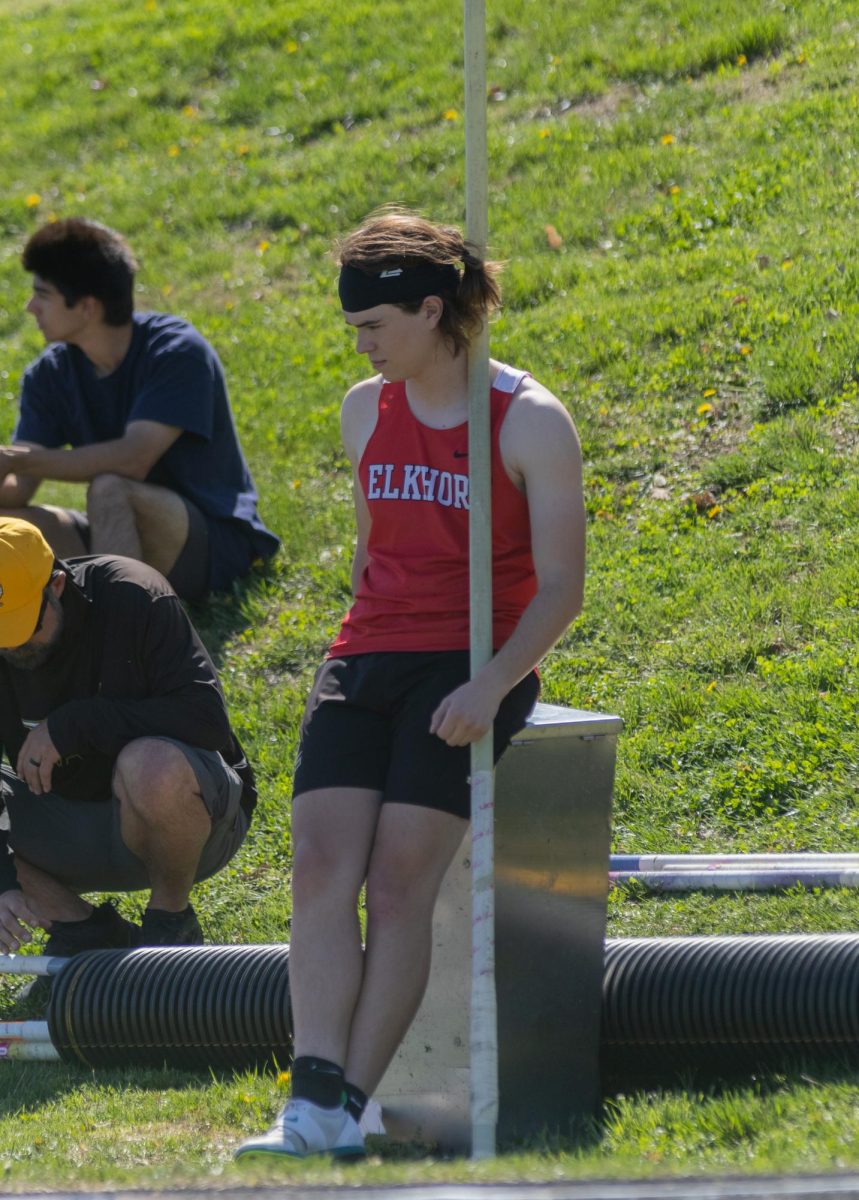 Senior Alex Morrison waits to pole vault at the Kruger-May track meet, April 16, 2026.